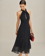 Black Polka Dot Halter Midi Dress | Rihoas
