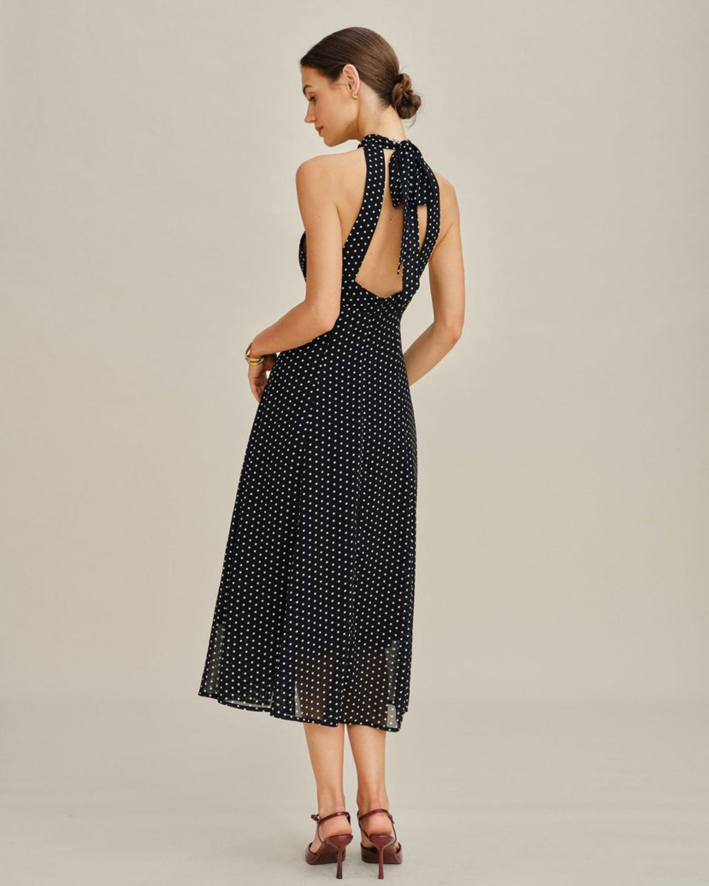 Black Polka Dot Halter Midi Dress | Rihoas