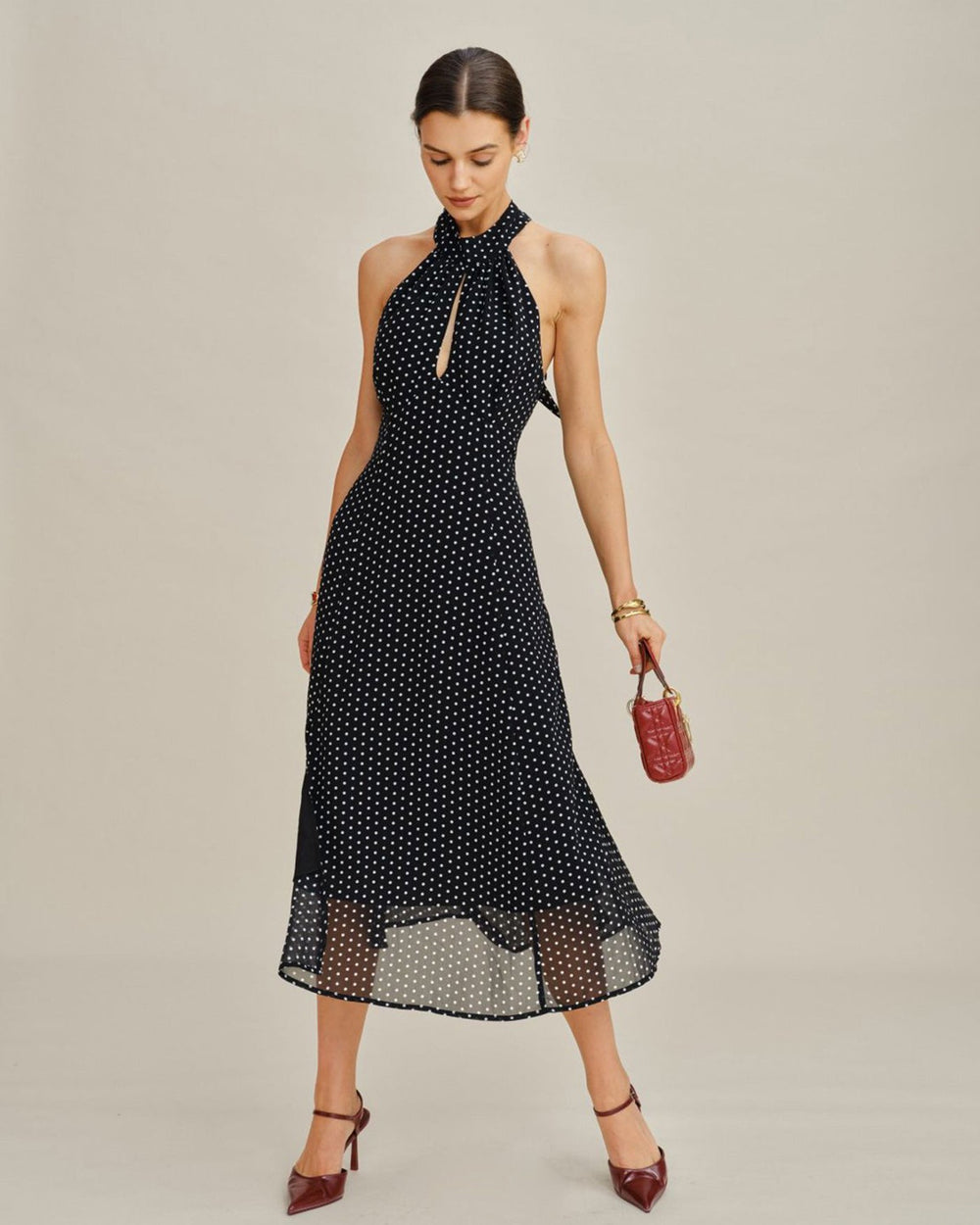 Black Polka Dot Halter Midi Dress | Rihoas