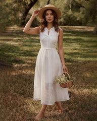 White Striped Sleeveless Midi Dress | Rihoas