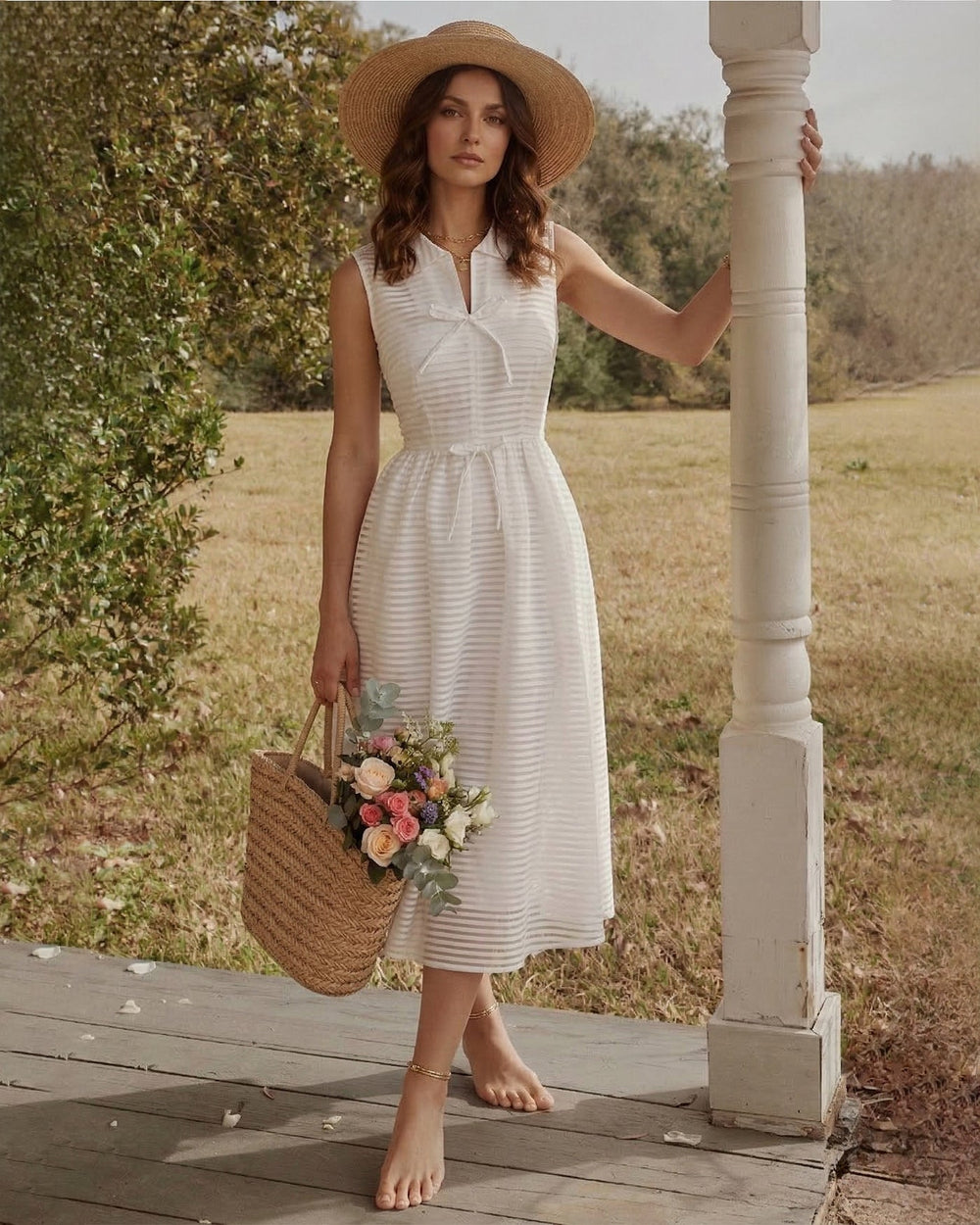 White Striped Sleeveless Midi Dress | Rihoas