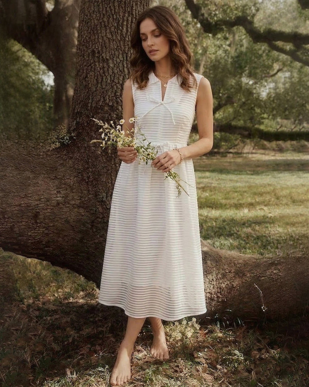 White Striped Sleeveless Midi Dress | Rihoas