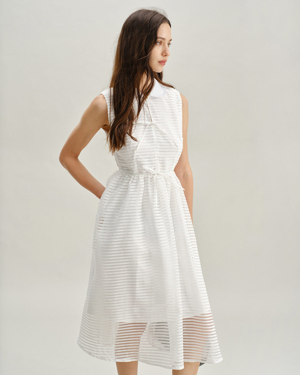 White Striped Sleeveless Midi Dress | Rihoas