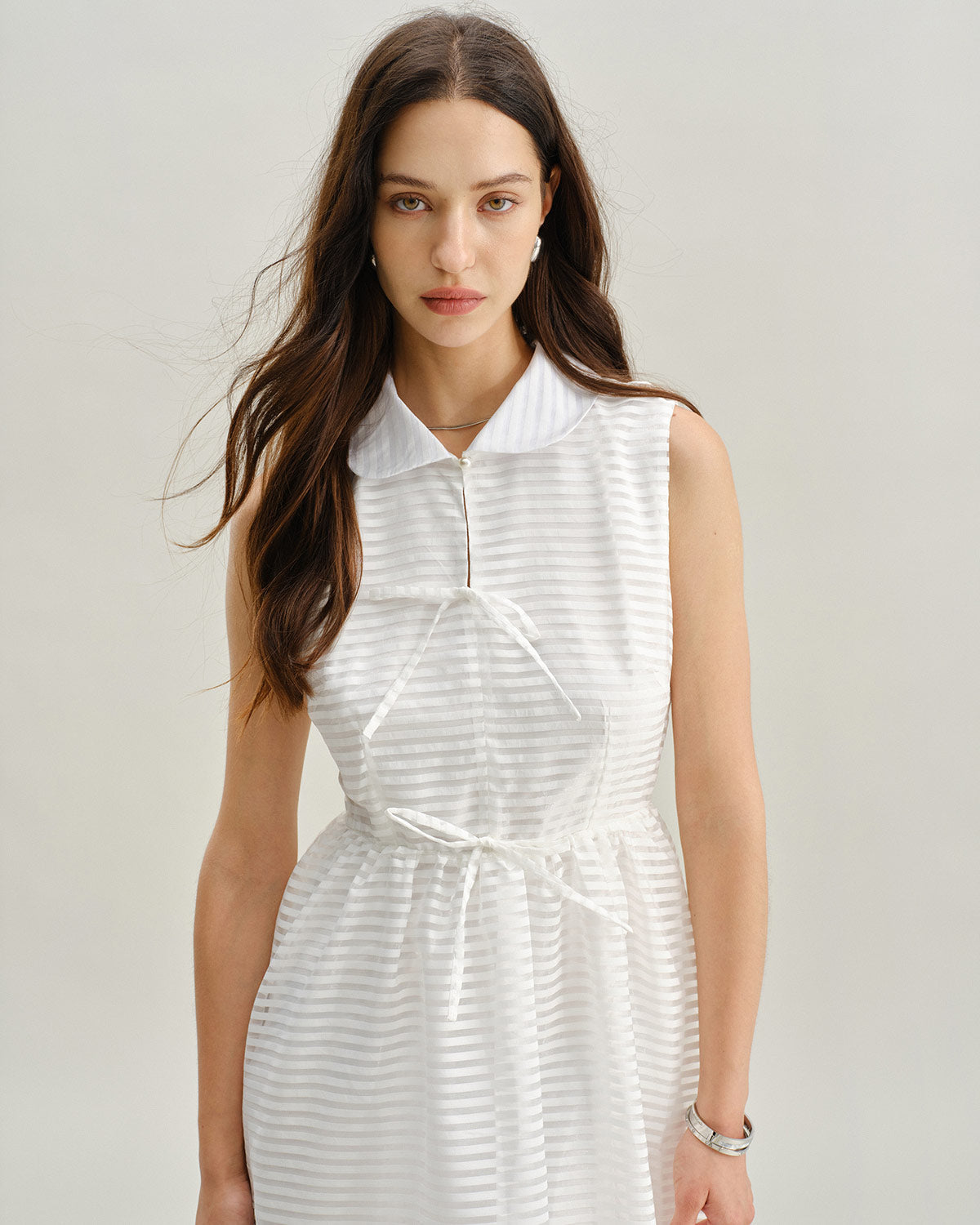 White Striped Sleeveless Midi Dress | Rihoas
