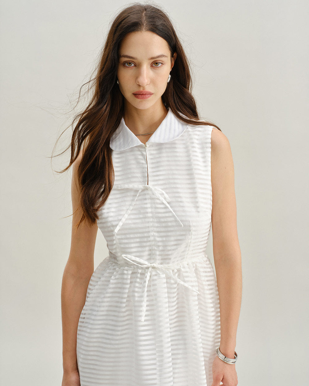 White Striped Sleeveless Midi Dress | Rihoas