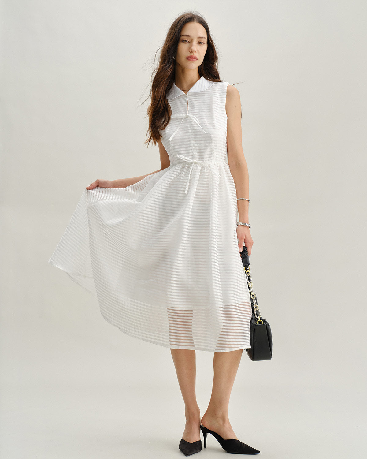 White Striped Sleeveless Midi Dress | Rihoas