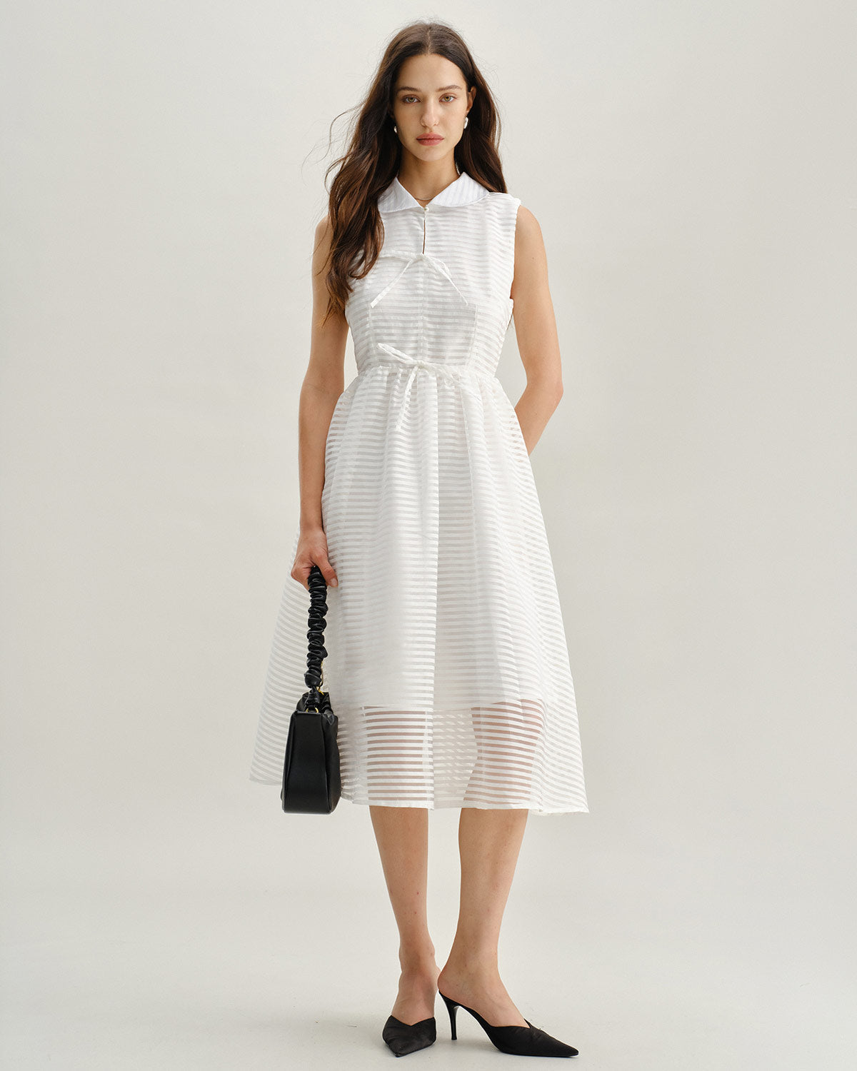White Striped Sleeveless Midi Dress | Rihoas