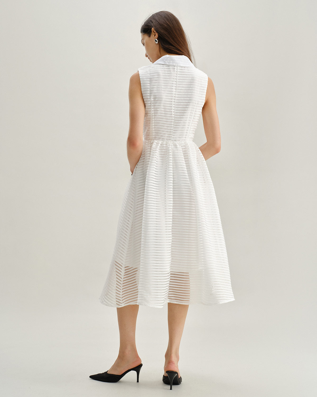 White Striped Sleeveless Midi Dress | Rihoas