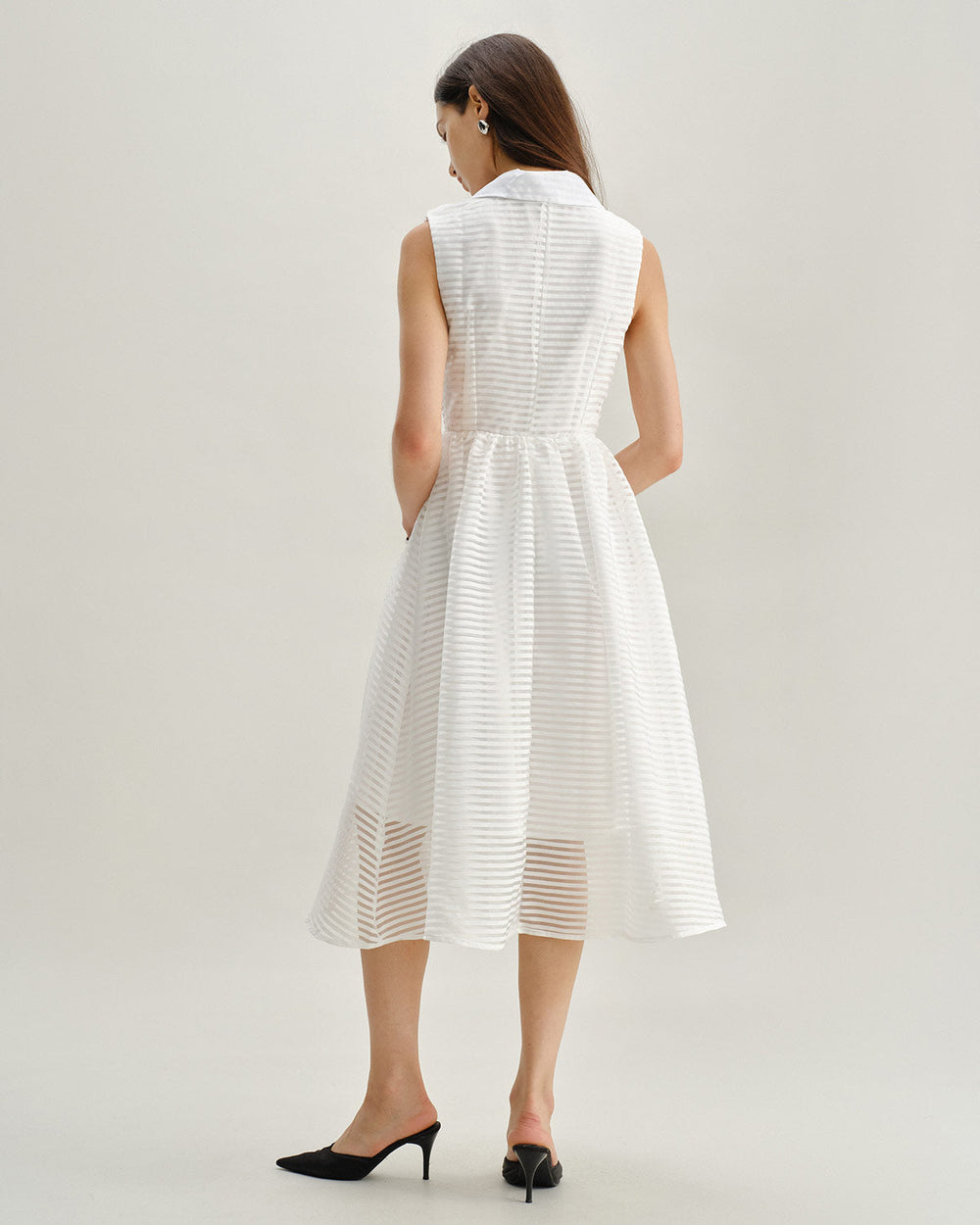 White Striped Sleeveless Midi Dress | Rihoas