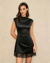 Black Turtle Lace Splicing Mini Dress | Rihoas