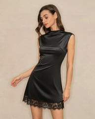 Black Turtle Lace Splicing Mini Dress | Rihoas