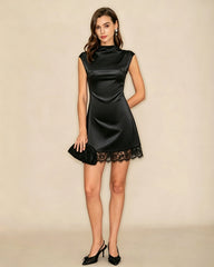 Black Turtle Lace Splicing Mini Dress | Rihoas