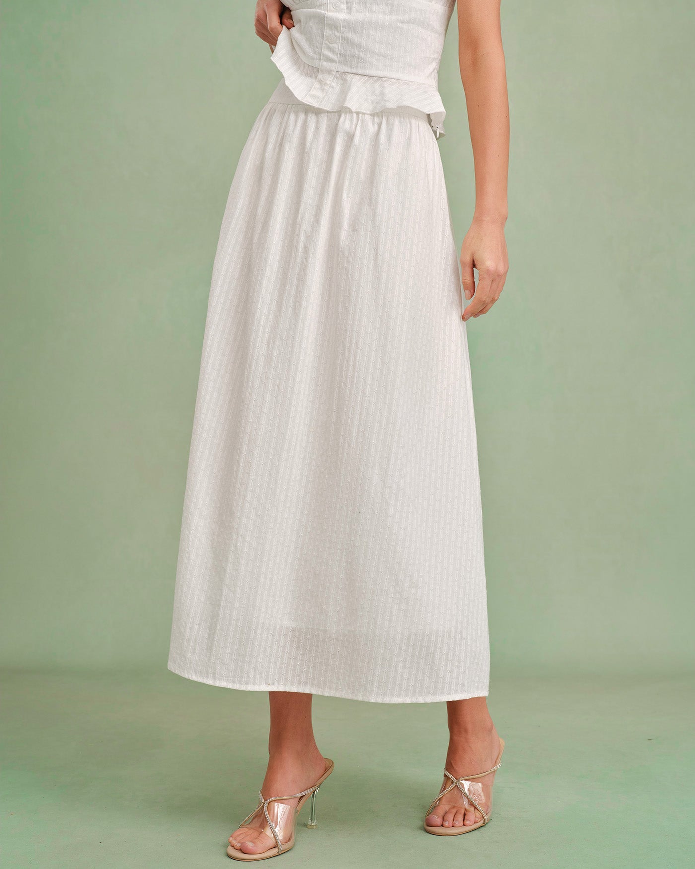 White Solid A-Line Midi Skirt | Rihoas