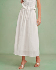 White Solid A-Line Midi Skirt | Rihoas