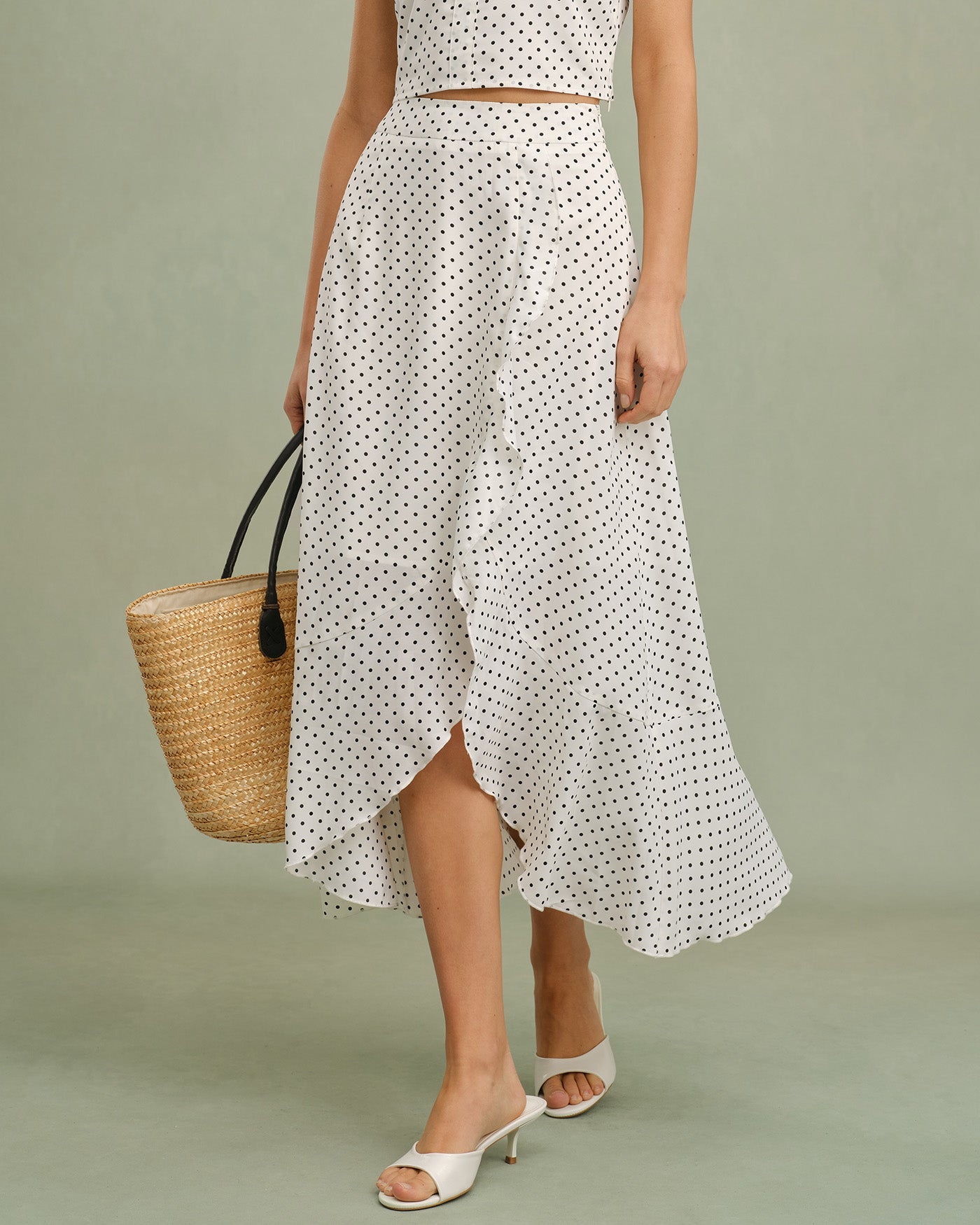 White Ruffle Polka Dot Midi Skirt | Rihoas