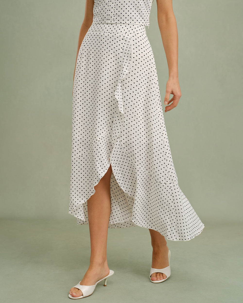 White Ruffle Polka Dot Midi Skirt | Rihoas