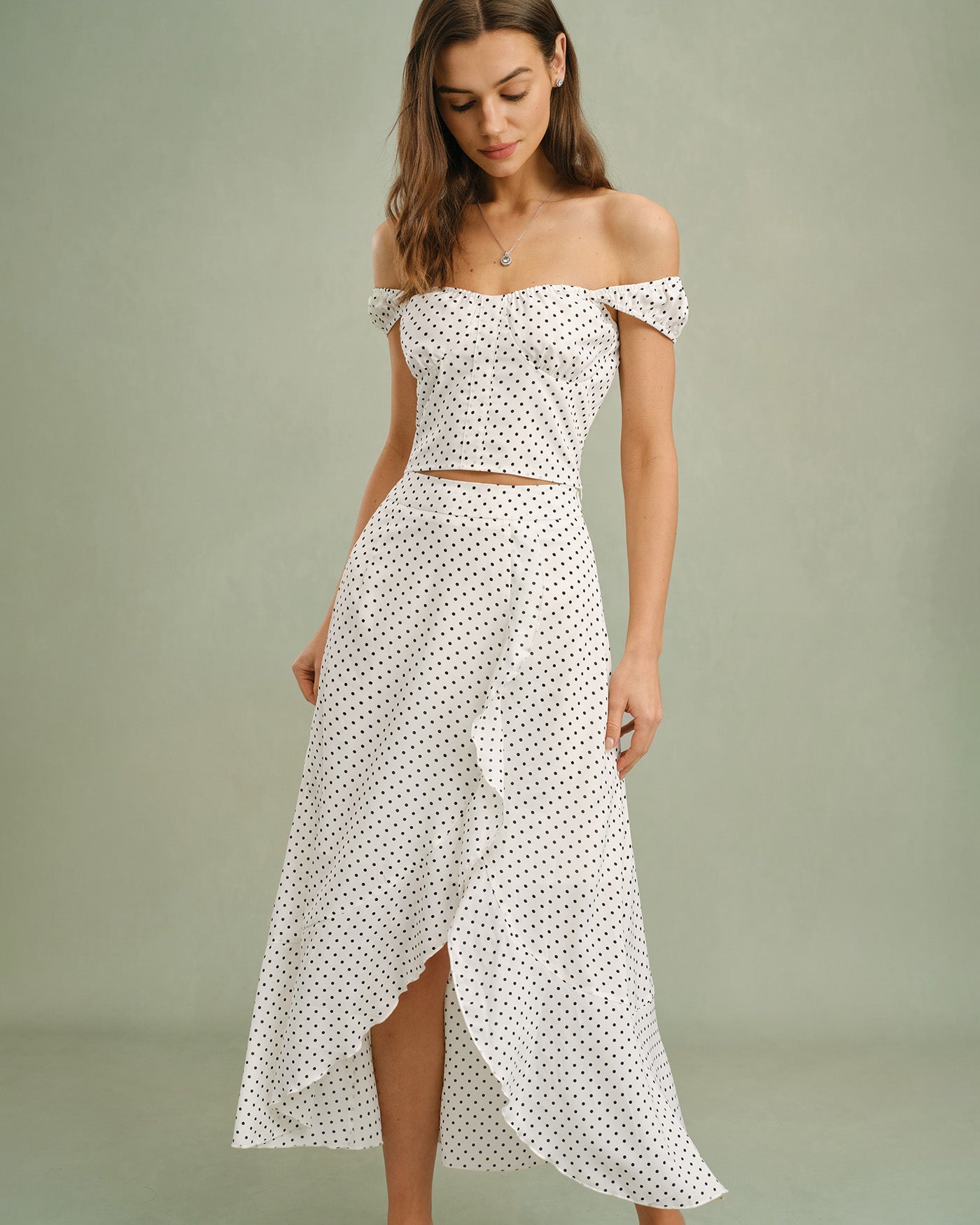 White Ruffle Polka Dot Midi Skirt | Rihoas
