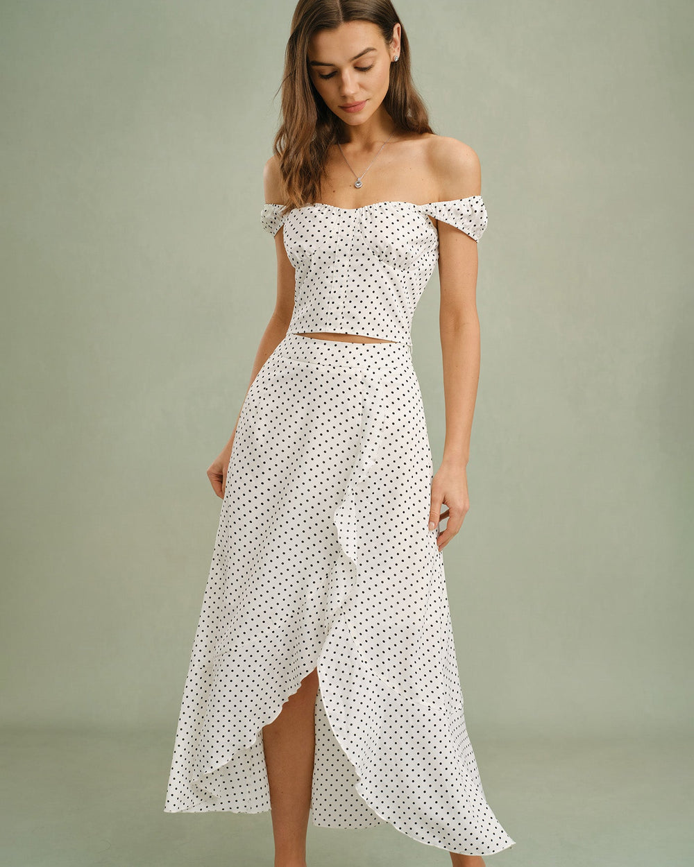 White Ruffle Polka Dot Midi Skirt | Rihoas