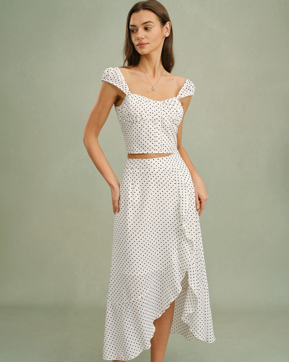 White Ruffle Polka Dot Midi Skirt | Rihoas