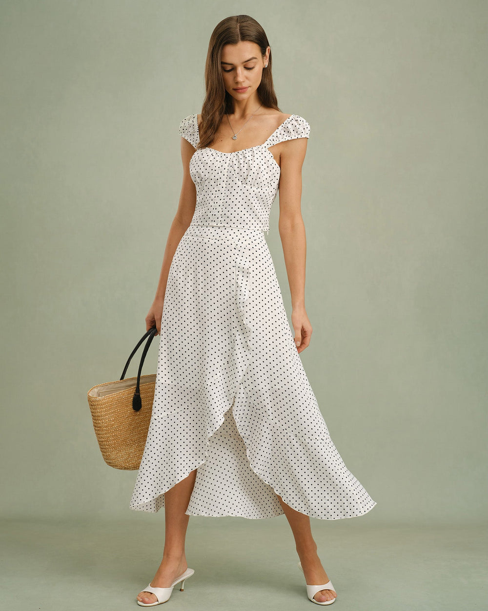 White Ruffle Polka Dot Midi Skirt | Rihoas