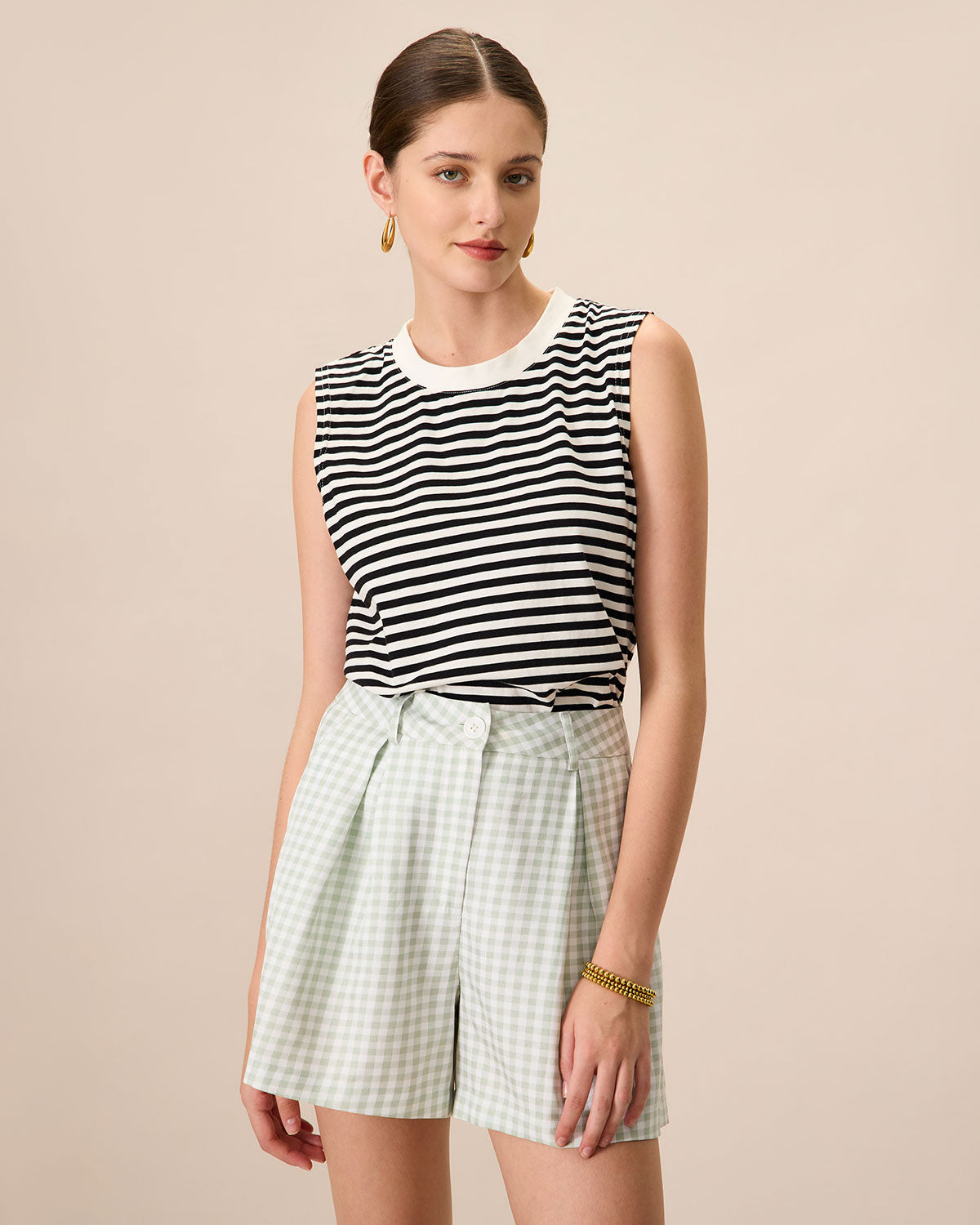 Women's Black Crew Neck Cotton Striped Tank Top | Rihoas