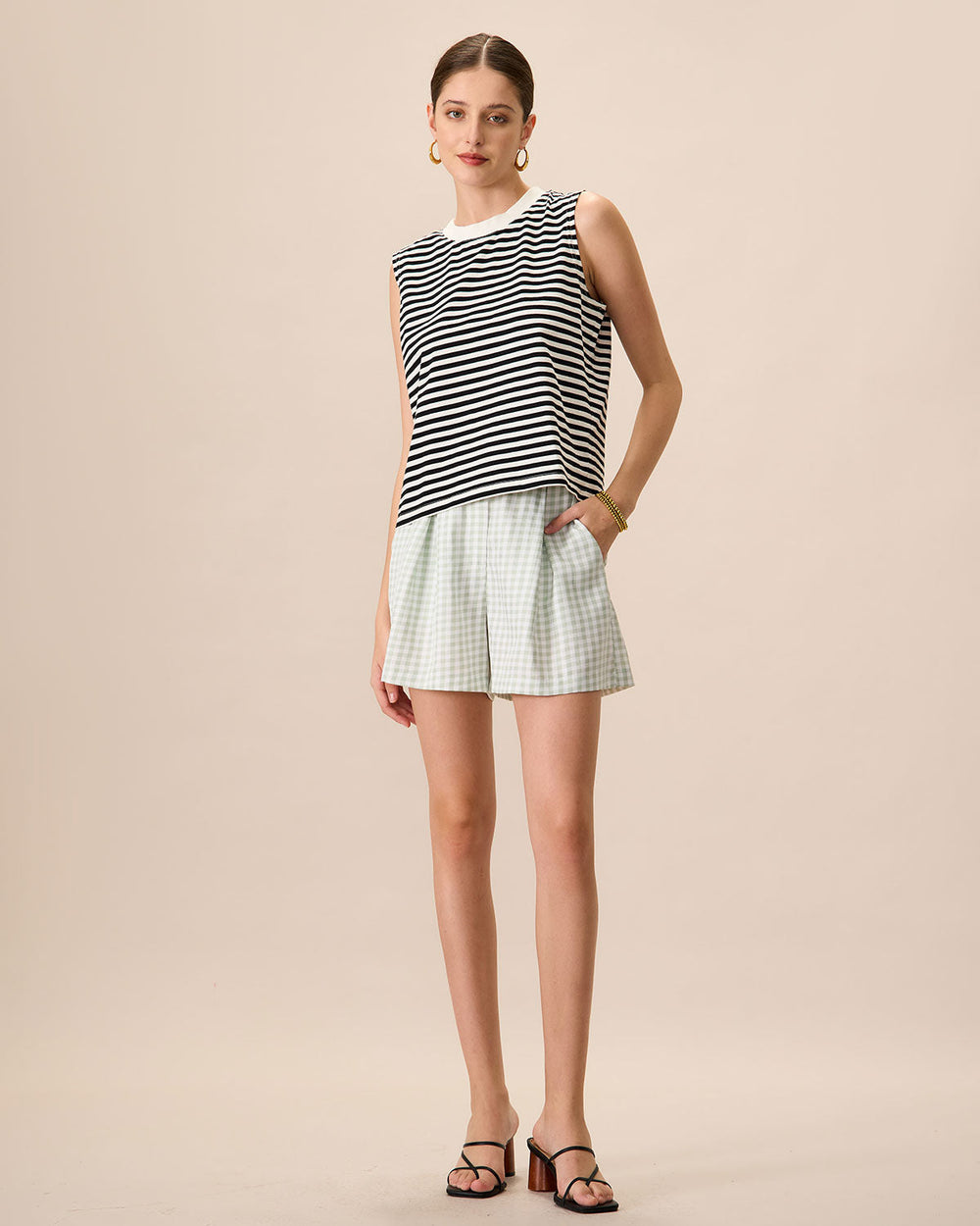 Women's Black Crew Neck Cotton Striped Tank Top | Rihoas