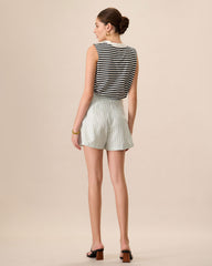 Women's Black Crew Neck Cotton Striped Tank Top | Rihoas