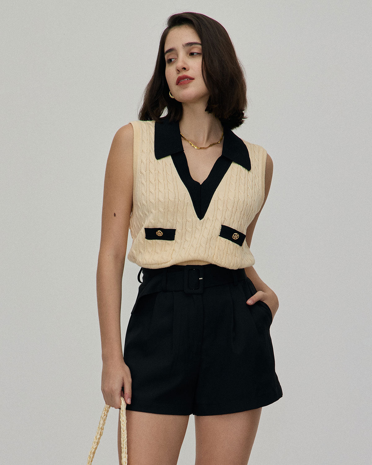 The Apricot Collared Colorblock Knit Tank Top | Rihoas