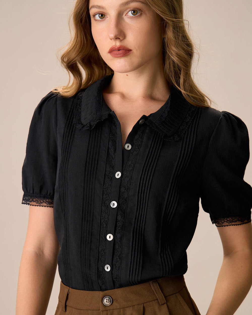 Women's Black Chelsea Collar Lace Trim Cotton Blouse | Rihoas