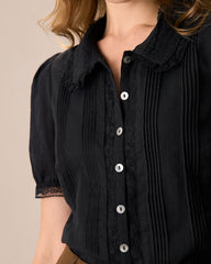 Women's Black Chelsea Collar Lace Trim Cotton Blouse | Rihoas