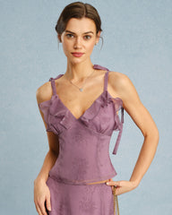 Purple V Neck Floral Ruffle Camis | Rihoas