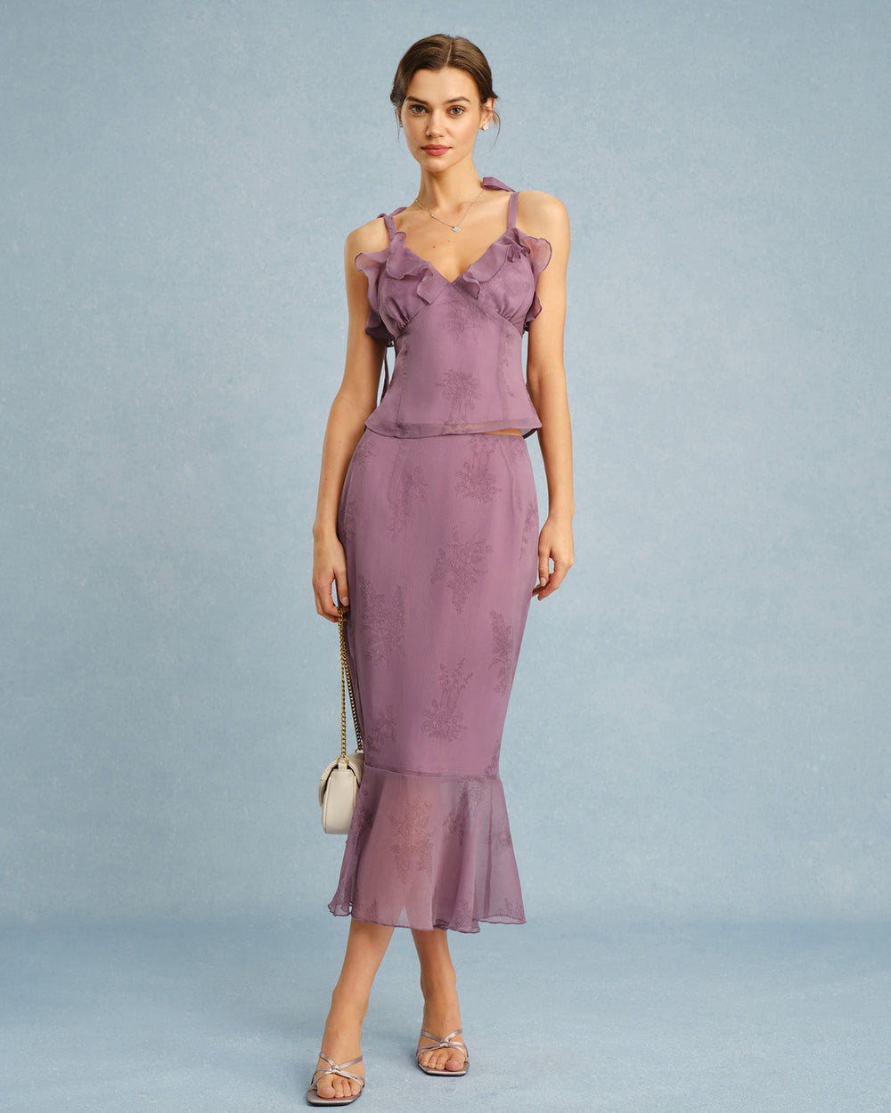 Purple V Neck Floral Ruffle Camis | Rihoas
