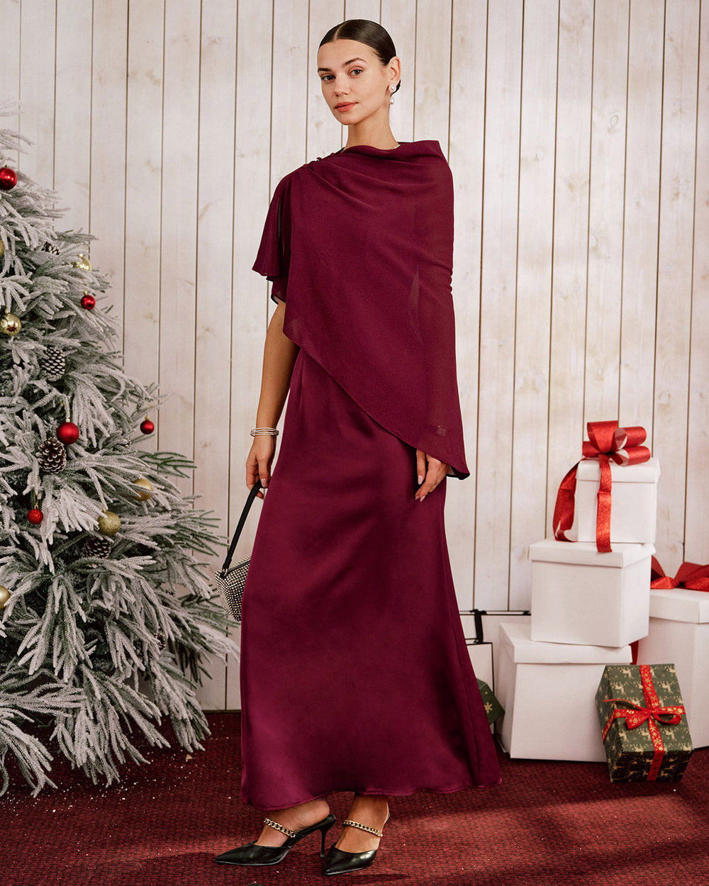 Wine Red Shawl Maxi Dress | Rihoas