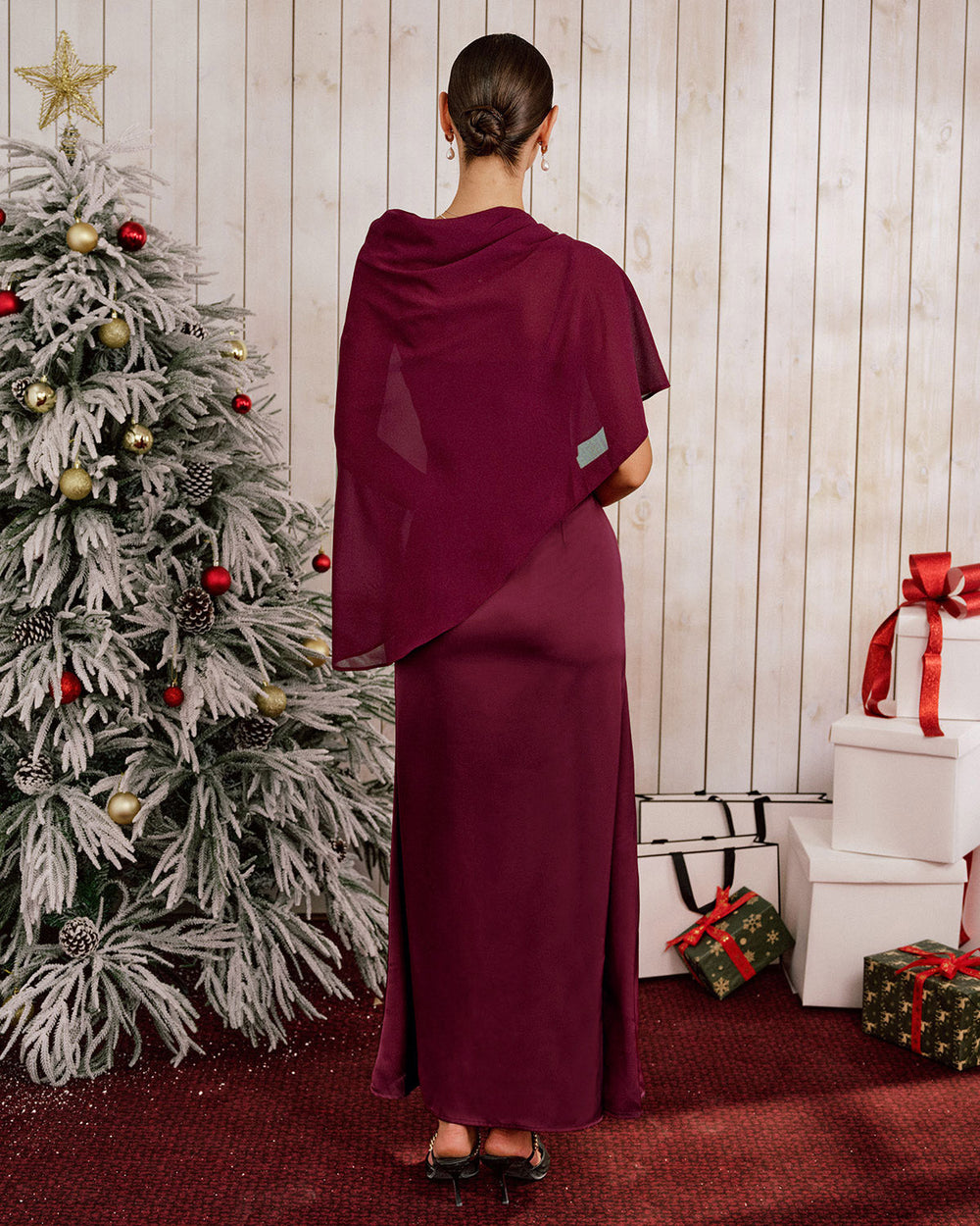 Wine Red Shawl Maxi Dress | Rihoas