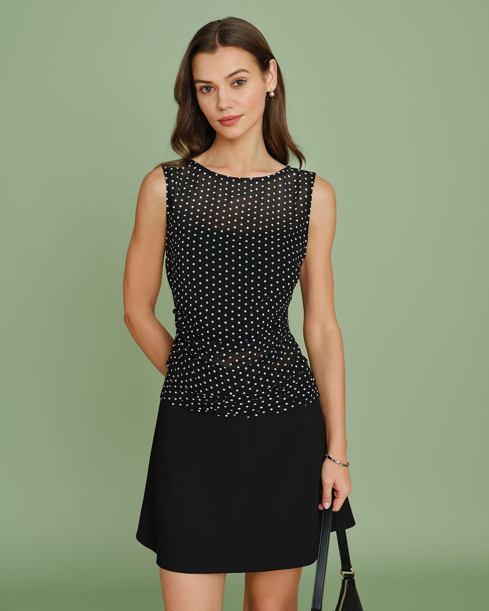 Black Boat Neck Polka Dot Tank Top | Rihoas