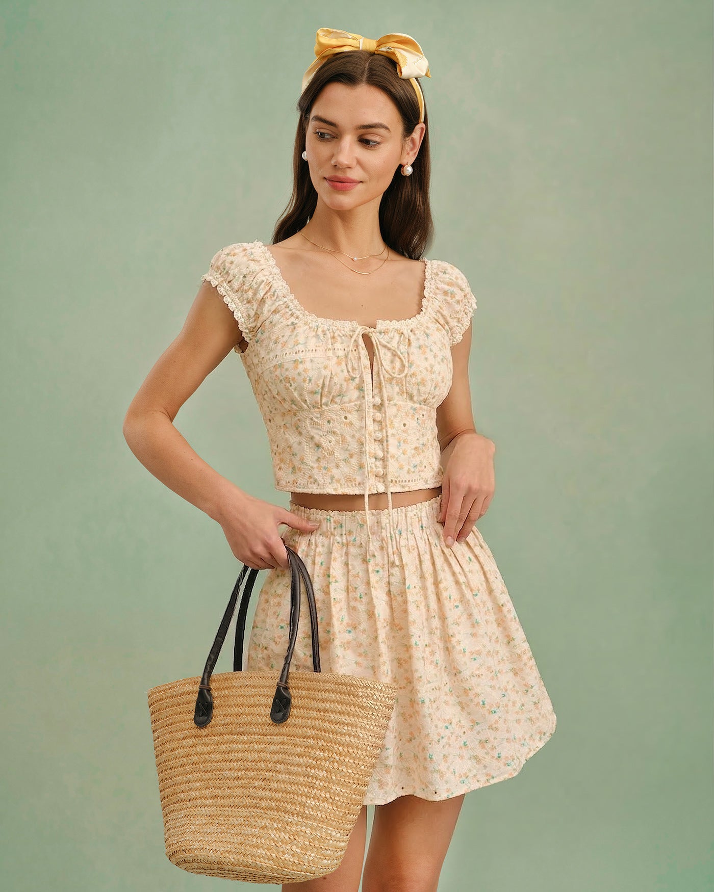 Yellow Embroidery Floral Mini Skirt | Rihoas