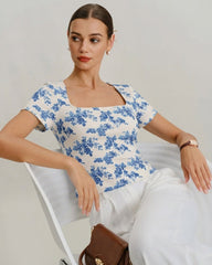 Blue Floral Short Sleeve T-Shirt | Rihoas