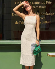 Beige Textured Beaded Slip Midi Dress | Rihoas