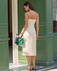 Beige Textured Beaded Slip Midi Dress | Rihoas