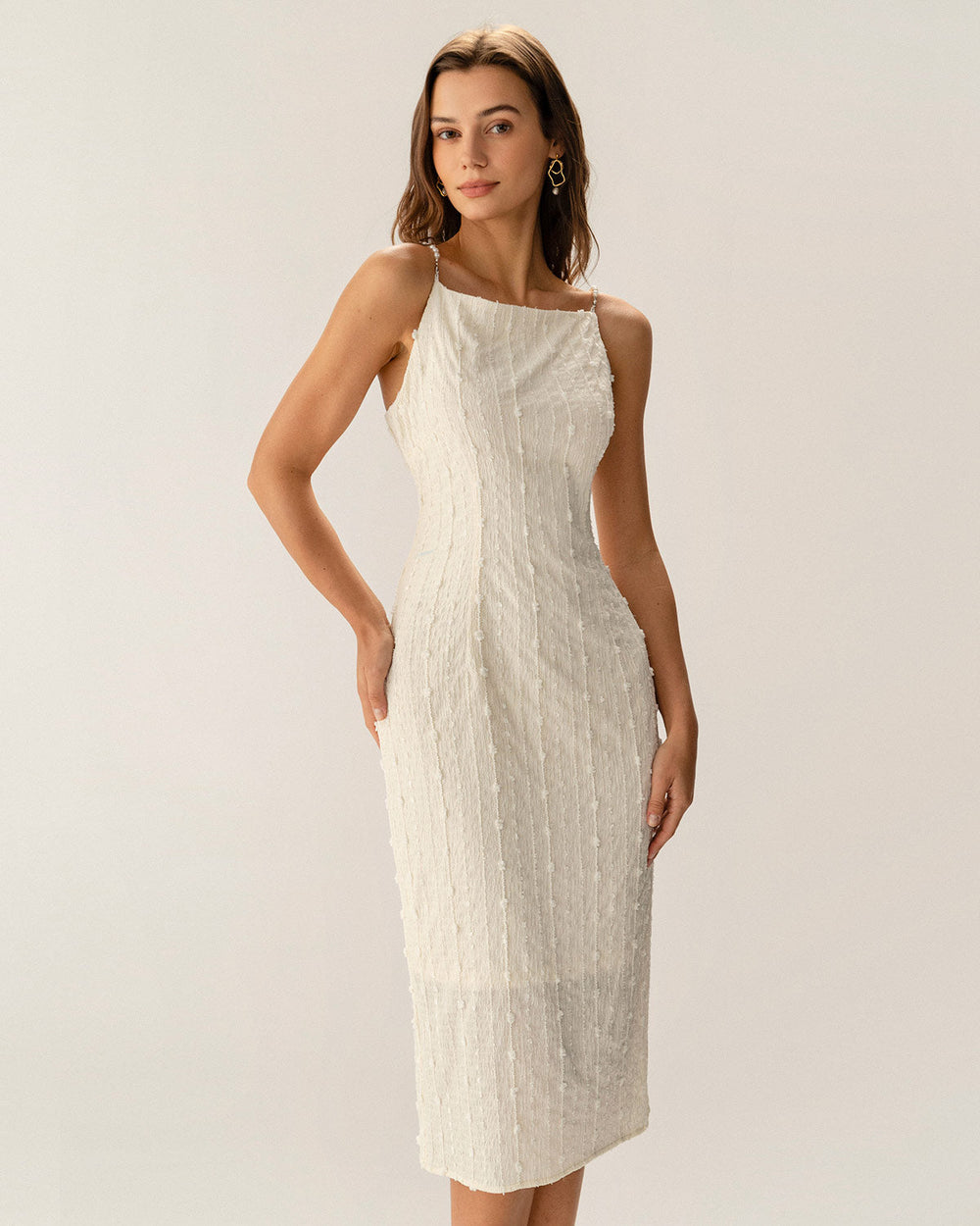 Beige Textured Beaded Slip Midi Dress | Rihoas