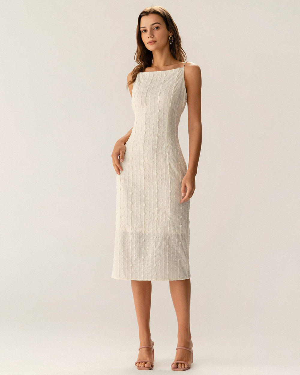 Beige Textured Beaded Slip Midi Dress | Rihoas