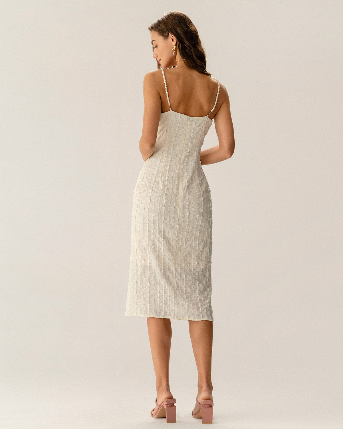 Beige Textured Beaded Slip Midi Dress | Rihoas