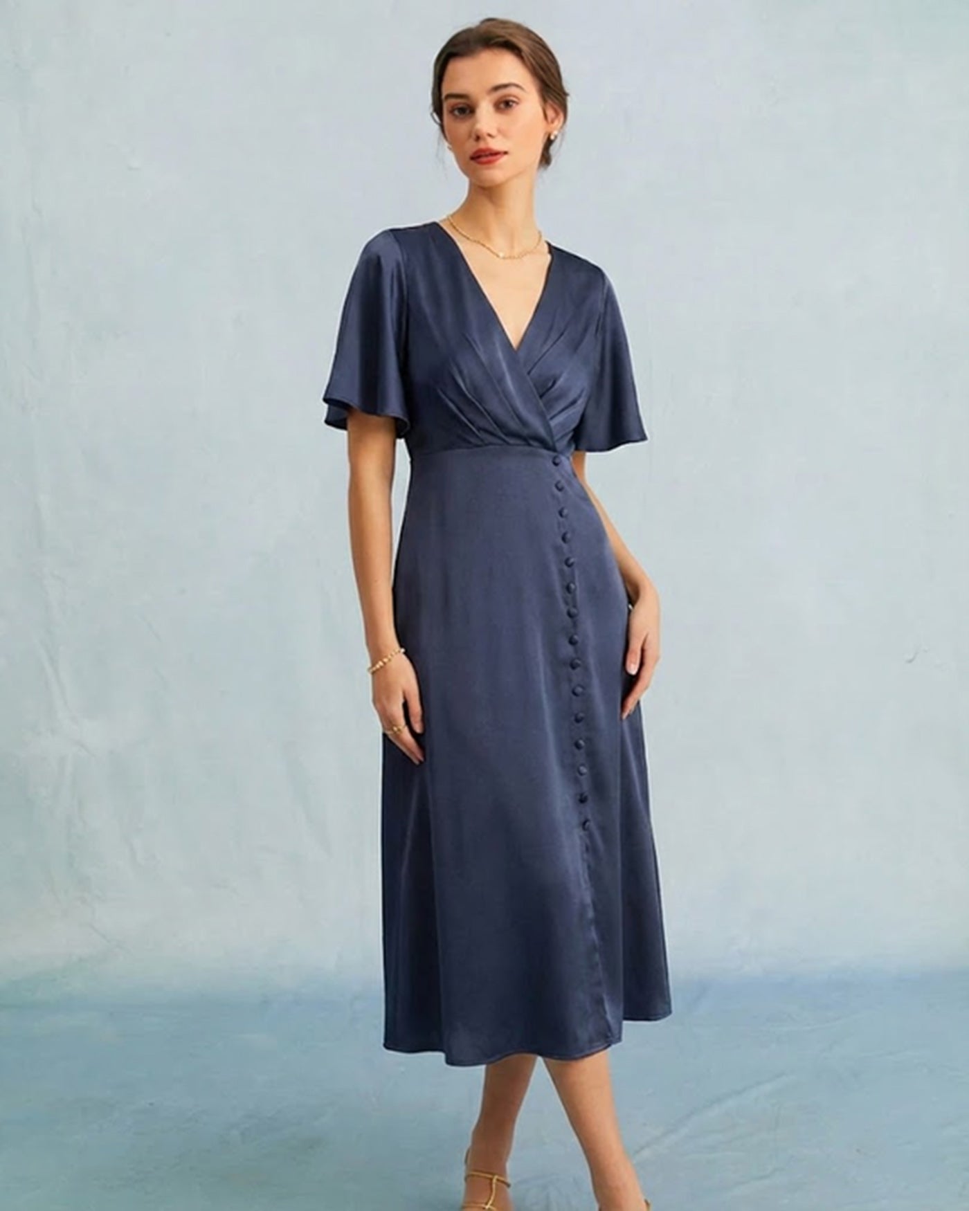 Navy V Neck Satin Midi Dress | Rihoas