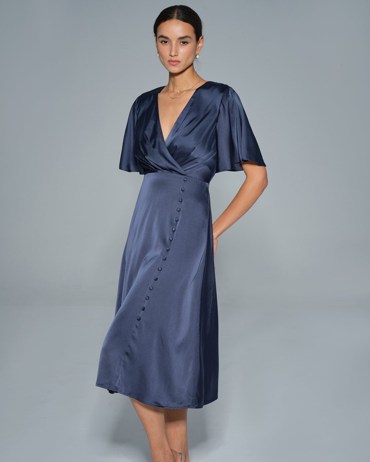 Navy V Neck Satin Midi Dress | Rihoas