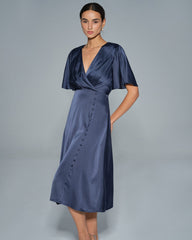 Navy V Neck Satin Midi Dress | Rihoas