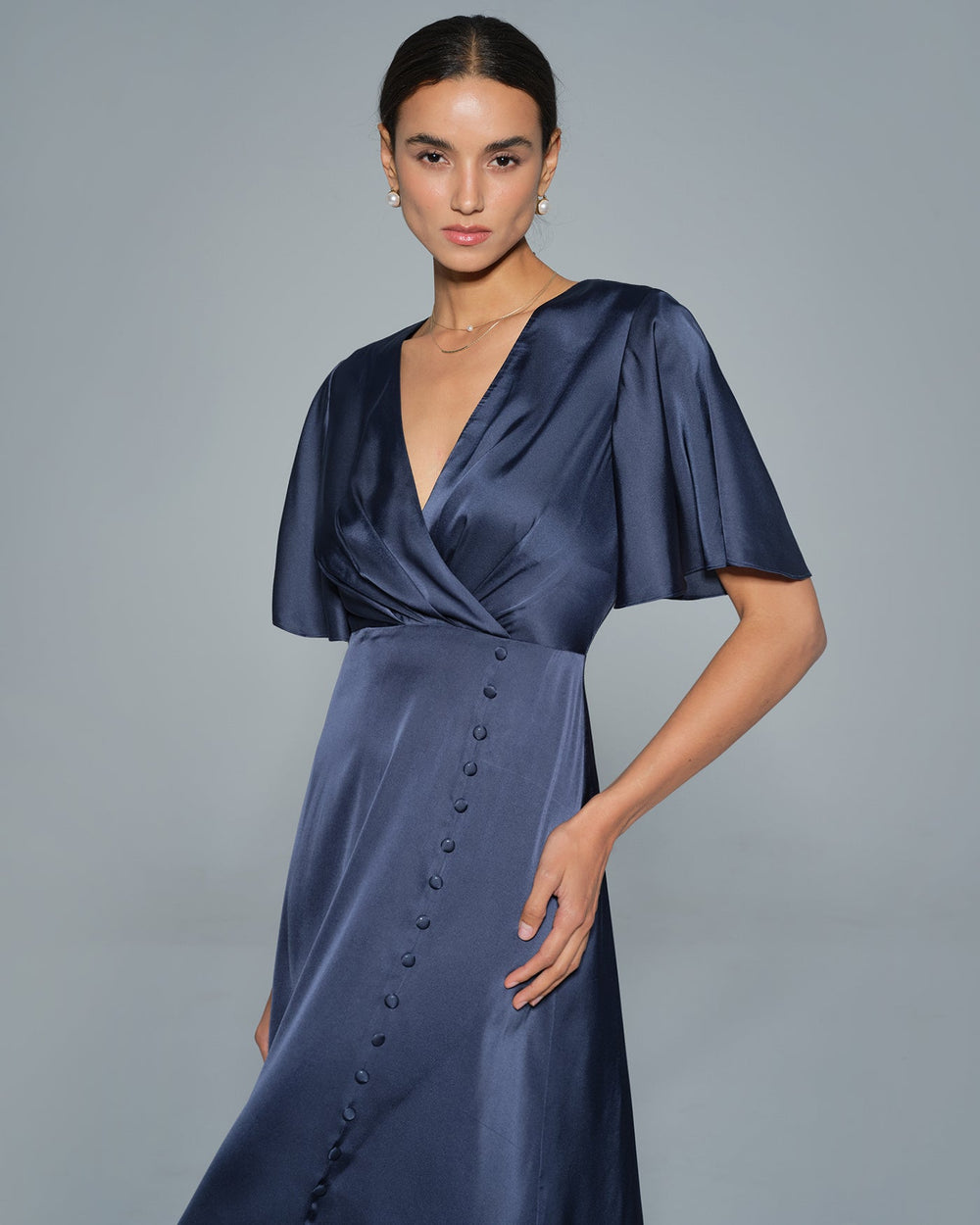 Navy V Neck Satin Midi Dress | Rihoas