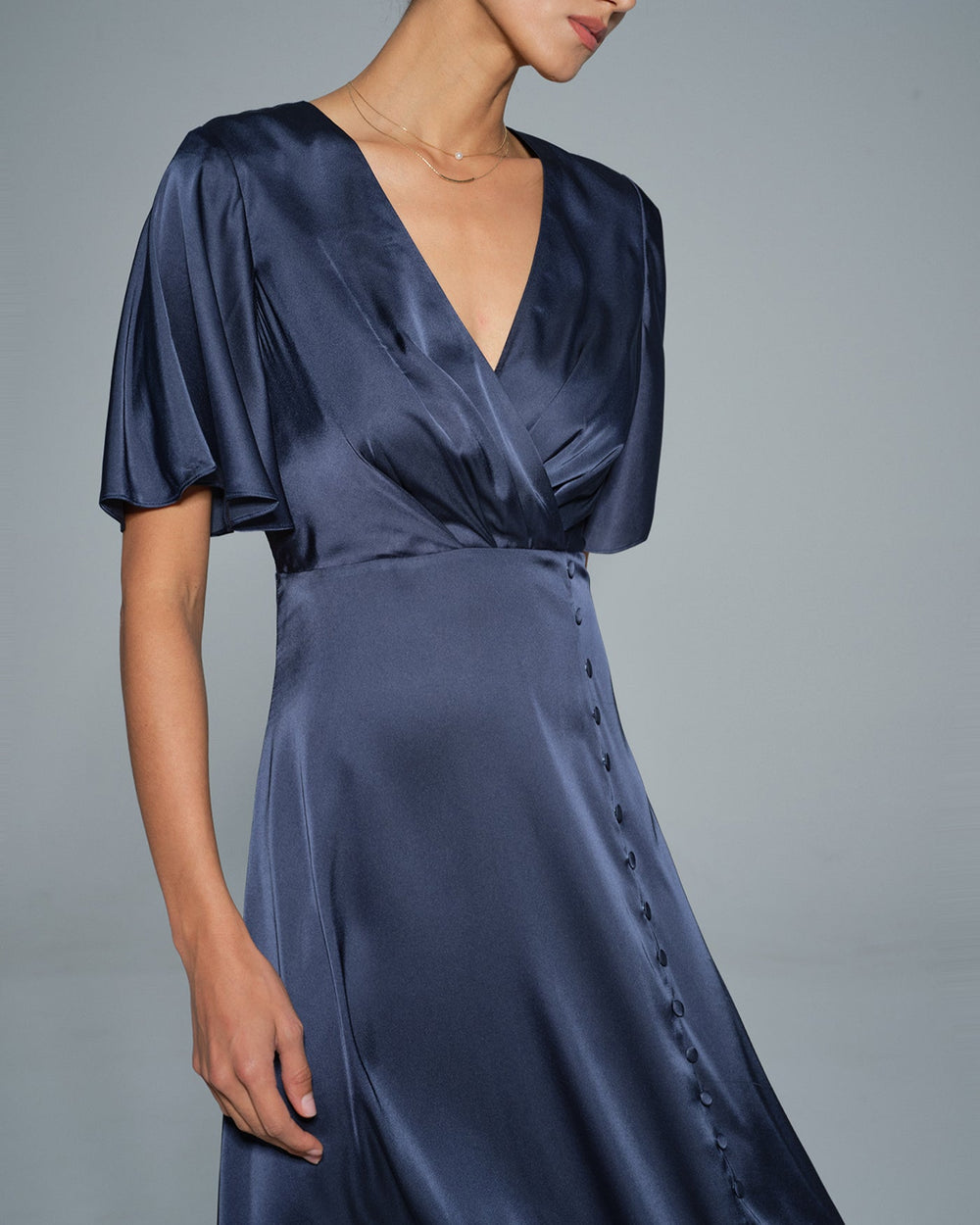 Navy V Neck Satin Midi Dress | Rihoas