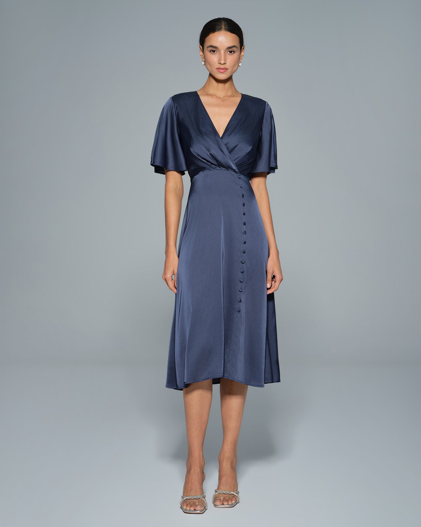Navy V Neck Satin Midi Dress | Rihoas