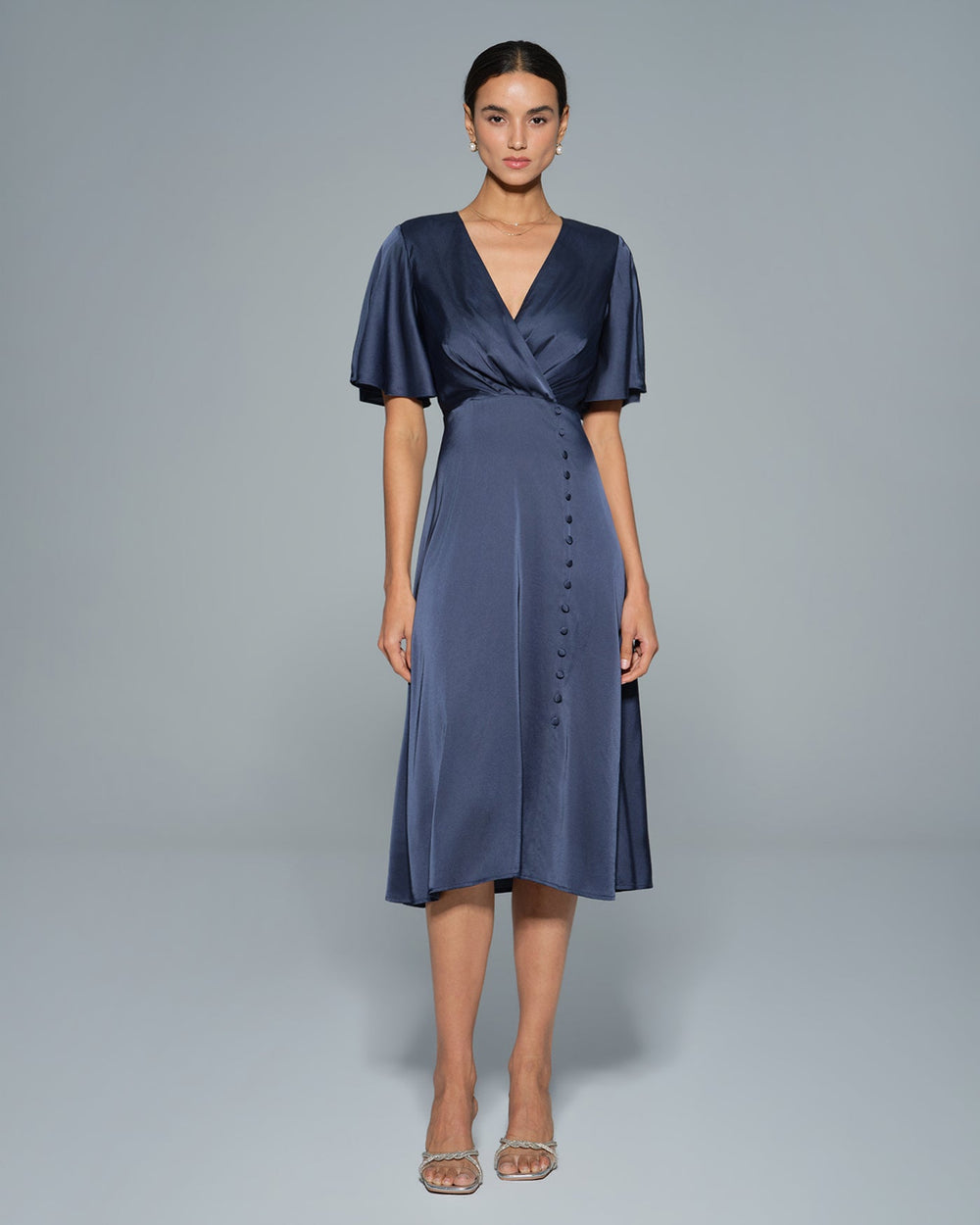 Navy V Neck Satin Midi Dress | Rihoas