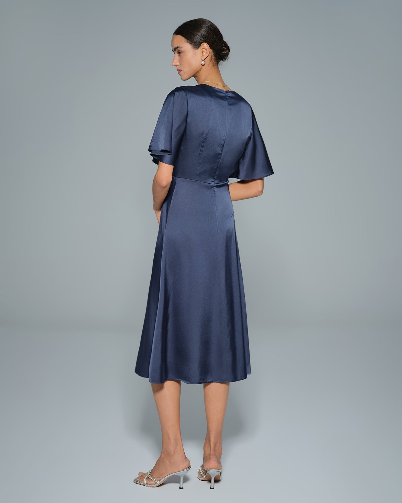 Navy V Neck Satin Midi Dress | Rihoas